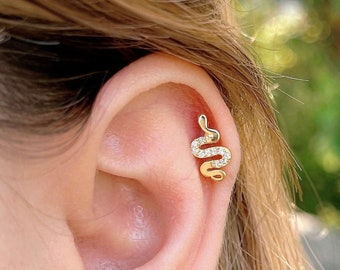 Cz Snake schroef terug oorbel, Sparkling Serpent kraakbeen oorbel, Sterling Zilver 18G helix piercing, Gouden innerlijke conch piercing, dierlijke stud