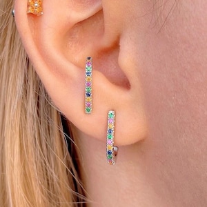 Rainbow CZ Lobe Ear Cuff Stud Earrings Sterling Silver Bar Suspender Earring Multicolor Cz Pave Statement Jewelry Minimalist Gift for her