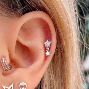 Double tiny star stud earrings in Sterling Silver, minimalist pave CZ starburst stud earrings with dangling star charm, celestial jewelry