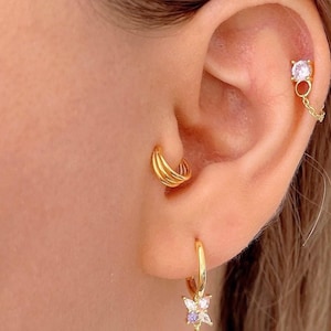 Triple band tragus earring 22g, Sterling Silver tiny cartilage piercing, Gold plated tragus piercing hoop, triple helix hoop, tragus jewelry