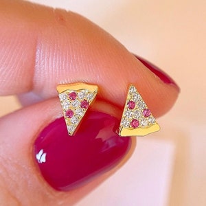 Pepperoni Pizza Stud Earrings Gold plated Sterling Silver Pizza Slice CZ Stud Earrings Miniature Food Jewelry Pizza Lover Gift