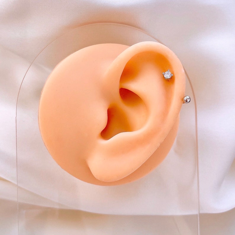 Boucles d'oreilles CZ en argent sterling, boucles d'oreilles incurvées avec haltères à l'avant et à l'arrière, boucle d'oreille double face en plaqué or, boucles d'oreilles huggie minimalistes image 4