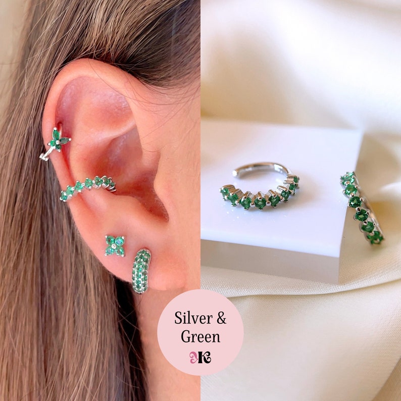 Cz conch ear cuff earrings, 925 Sterling Silver ear wrap, Gold plated cartilage earring, non pierced pink, green, white and orange earrings 5- Silver - Green CZ