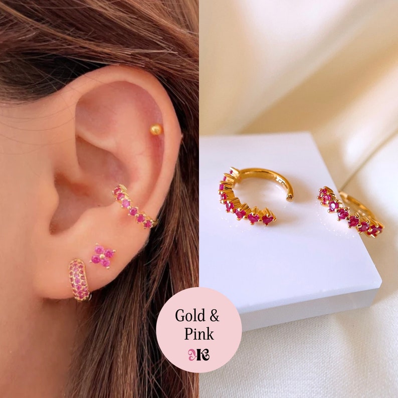 Cz conch ear cuff earrings, 925 Sterling Silver ear wrap, Gold plated cartilage earring, non pierced pink, green, white and orange earrings 2- Gold - Pink CZ