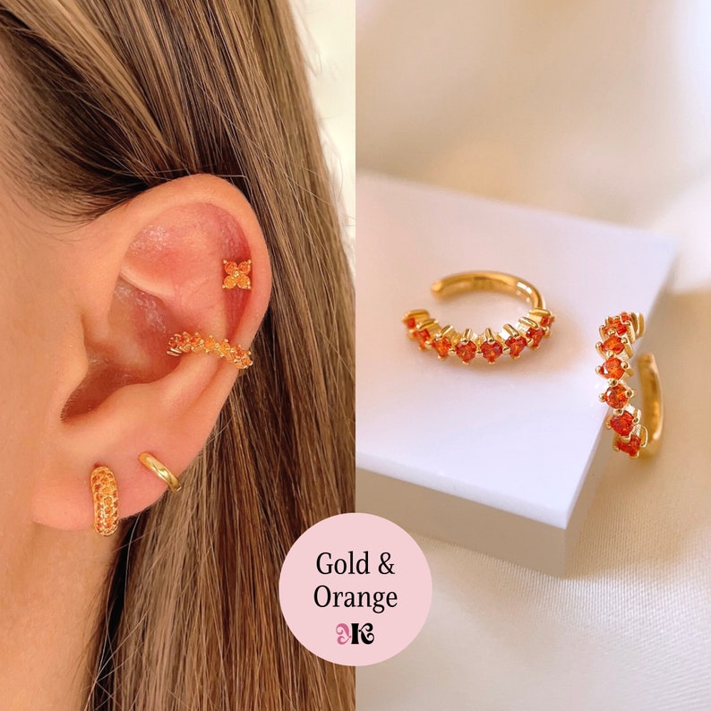 Cz conch ear cuff earrings, 925 Sterling Silver ear wrap, Gold plated cartilage earring, non pierced pink, green, white and orange earrings 4- Gold - Orange CZ