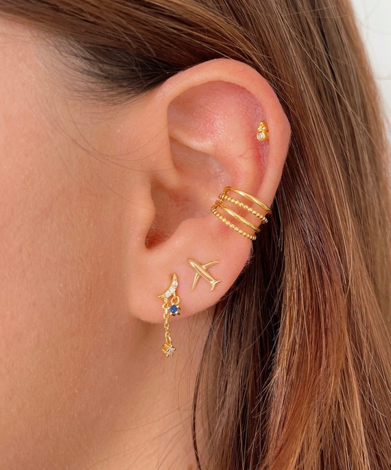 CZ Gem Stud Earrings with Star Dangle Chain Ear Cuff CZ Gem Stud Earrings with Star Dangle Chain Ear Cuff