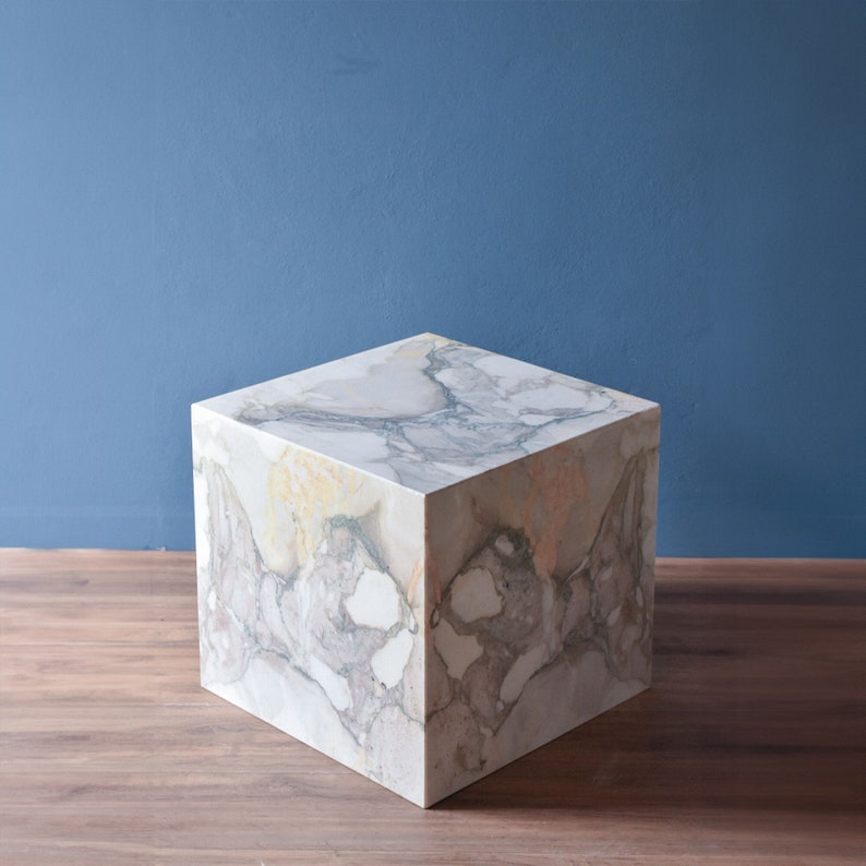 marble cubic plinth side table arabescato calacatta