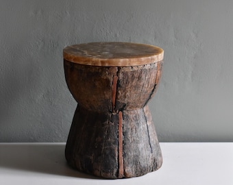 Handmade Onyx & Wood Plinth Table - Rustic Cylinder Side Table