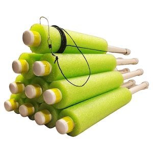 May include: A stack of green foam pool noodles with yellow and white stripes. The noodles are tied together with a black cord and a silver hook.