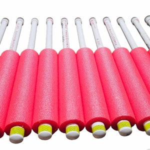 May include: A set of 12 foam pool noodles, each with a white PVC pipe core. The noodles are red and green, with yellow end caps.