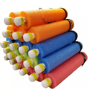 May include: A stack of colorful pool noodles with black straps. The noodles are orange, blue, green, and pink. Each noodle has a white cap with a yellow label.