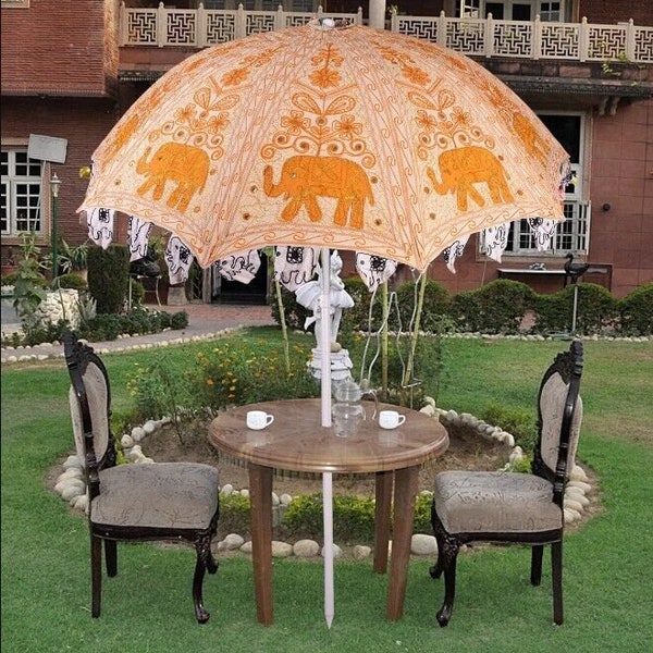 Handmade Elephant Cotton Garden Umbrella Parasol Sunny hand Embroidery Wedding Umbrella Handmade Outdoor Patio Parasol Big Patio 72"
