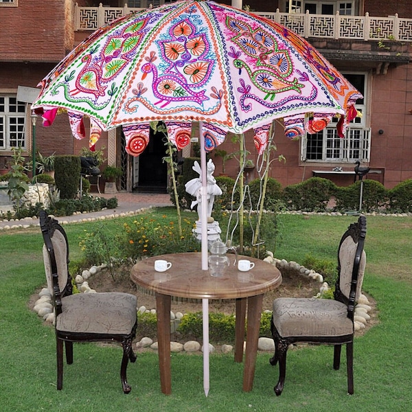 Handmade Peacock Cotton Garden Umbrella Parasol Sunny hand Embroidery Wedding Umbrella Handmade Outdoor Patio Parasol Big Patio 72"