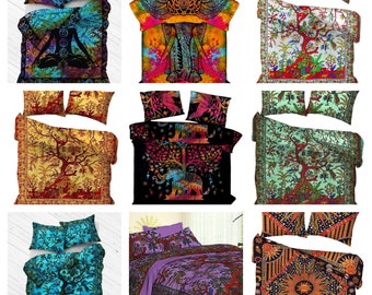 Indischer Bettbezug Doona mit passenden Mandala Vorhängen und Kissenbezug kombiniert mit Mandala Mandala