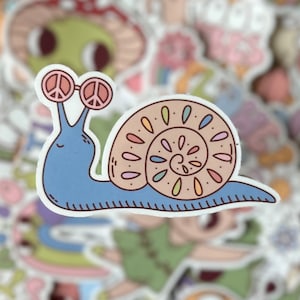 Groovy Hippie Snail Cartoon Waterproof Vinyl Sticker, Water Bottle Sticker, Laptop Sticker, Gloss Finish, Waterproof Sticker, Gift For Her