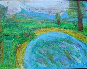 Original landscape pastel artwork "Sparse Trees" hand-made nature art, trees, pond, fish, clouds