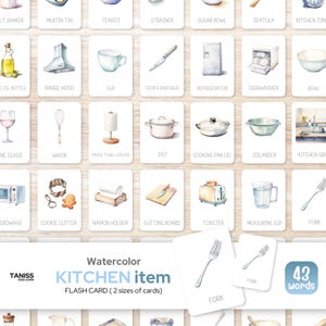 43 tarjetas didácticas sobre elementos de cocina: juego imprimible de 3 partes inspirado en Montessori para niños, herramientas de aprendizaje educativo para niños pequeños y preescolares