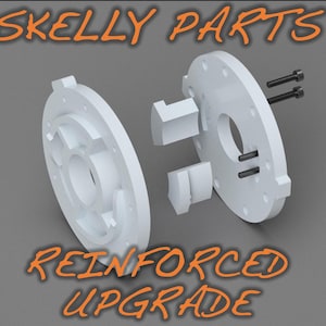 Peut inclure: Pièces en plastique blanc pour un modèle imprimé en 3D, étiquetées "Skelly Parts Reinforced Upgrade". Les pièces sont démontées et montrent la structure interne.