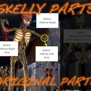 May include: Image of a Halloween skeleton with the text "SKELLY PARTS" and "ORIGINAL PARTS". The image shows a skeleton with labels pointing to the head and arms, with text indicating the parts available for selection.