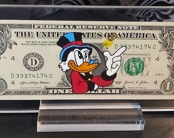 Moneymaker McDuck - Dollar Art | su una vera banconota da un dollaro, regalo originale, opera d'arte dipinta a mano, pezzo unico