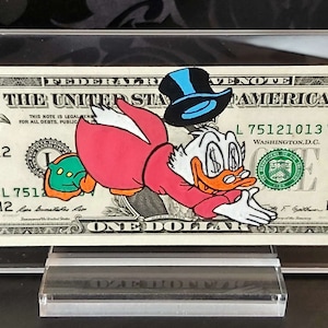 Paperino Salto - Dollar Art | su una vera banconota da un dollaro, regalo originale, opera d'arte dipinta a mano, pezzo unico