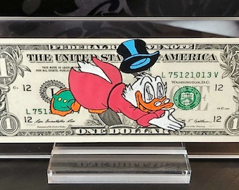 McDuck Jump - Dollar Art | on a real dollar bill, original gift, hand-painted artwork, unique piece