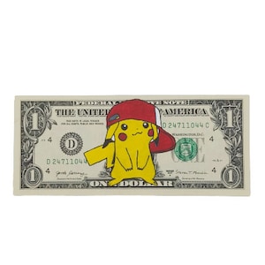 Pika avec casquette - Pokémon Dollar/Cartes Pokémon | sur un vrai billet d'un dollar, cadeau original, œuvre d'art peinte à la main, pièce unique