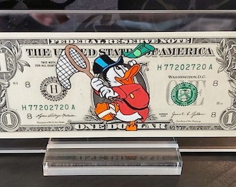 McDuck Chasing - Dollar Art | on a real dollar bill, original gift, hand-painted artwork, unique piece