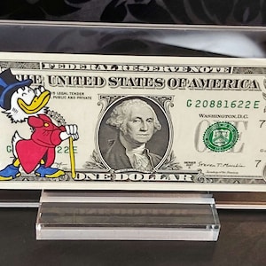 Felice Paperino - Arte del dollaro | su una vera banconota da un dollaro, regalo originale, opera d'arte dipinta a mano, pezzo unico