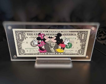 Mickey & Minnie M. Love - Dollar Art I on a real dollar, Original gift, hand-painted artwork, unique piece