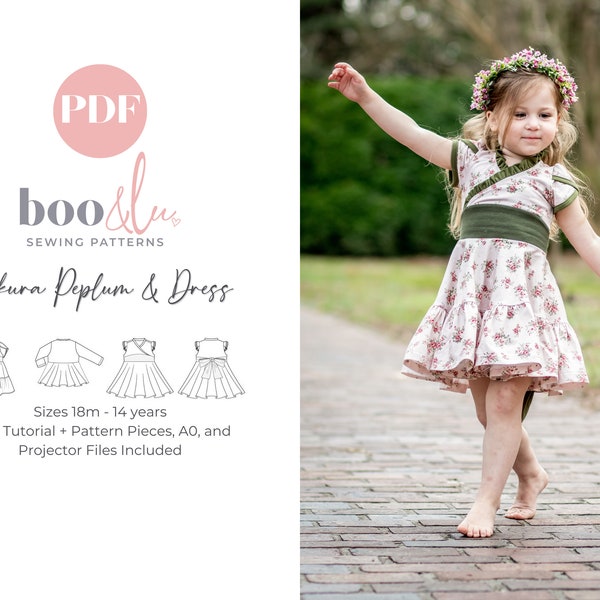 Sakura Peplum and Dress PDF Sewing Pattern | Sizes 18 months to 14 years | Knit Twirl Dress Pattern for Children | Girls Dress Pattern