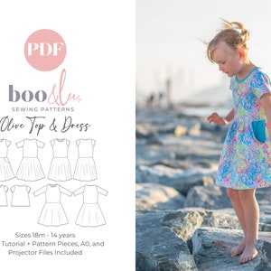 Kinderspiel Kleid und T-Shirt Schnittmuster | Taschen | Twirl Dress PDF Digitales Schnittmuster | Stricken | Boo und Lu Olive Muster