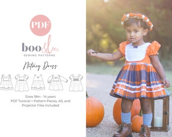 Vintage Inspired Bib Dress Sewing Pattern | Pleated Hem | Puff Sleeves | PDF Digital Sewing Pattern | Woven | Boo and Lu Nutmeg Pattern