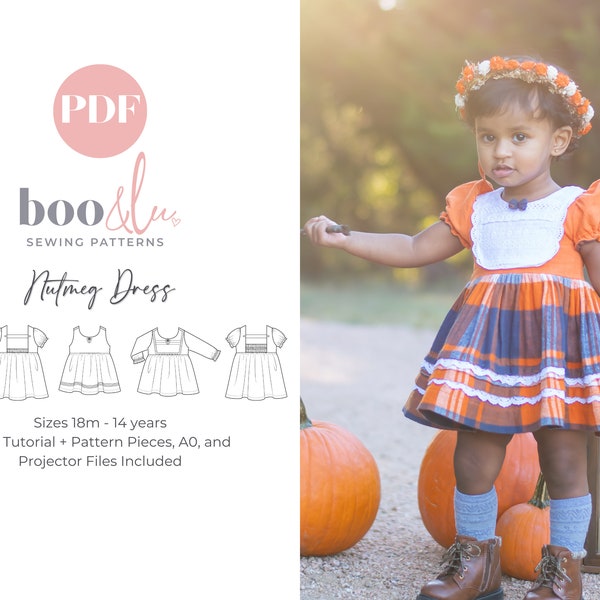 Vintage Inspired Bib Dress Sewing Pattern | Pleated Hem | Puff Sleeves | PDF Digital Sewing Pattern | Woven | Boo and Lu Nutmeg Pattern