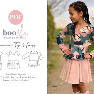 Könnte beinhalten: Ein digitales Schnittmuster für ein Cinnamon Top & Kleid für Kinder, Größen 18 Monate bis 14 Jahre. Das Schnittmuster beinhaltet ein PDF-Tutorial, Schnittmusterteile und Projektor-Dateien.