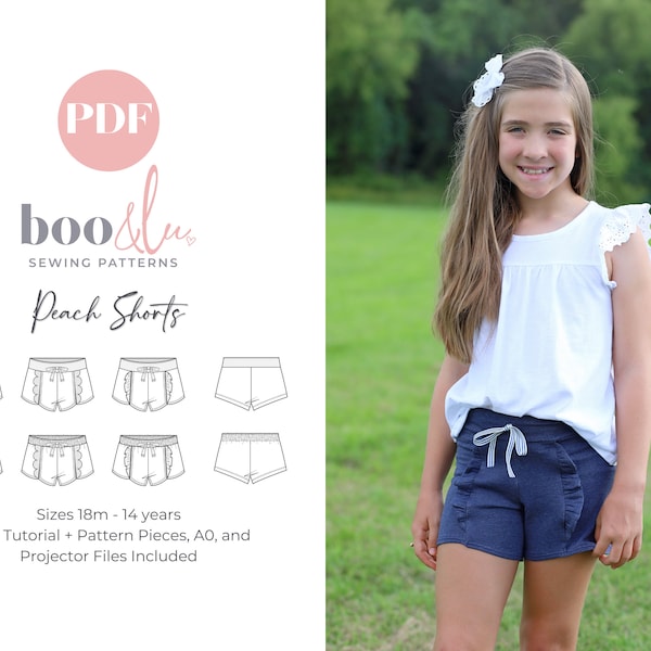Peach Shorts PDF Sewing Pattern | Sizes 18 months to 14 years | Scallop or Ruffle Shorts | Trendy Knit Unisex Shorts Pattern