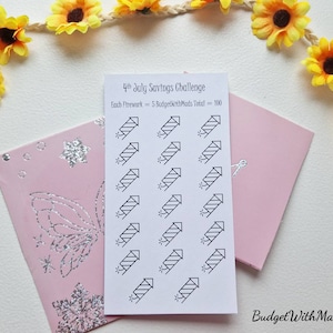May include: A white printable sheet with a 4th of July Savings Challenge. The sheet has 20 black and white firework icons. The text on the sheet reads "4th July Savings Challenge" and "Each Firework = 5 BudgetWithMads Total = 100".