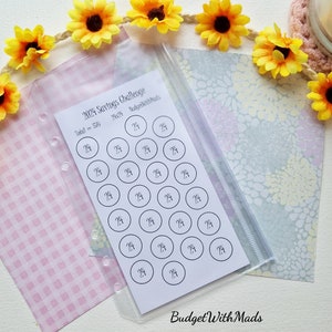 May include: A white sheet of paper with a 2024 Savings Challenge title and a grid of 24 circles, each containing the number 24. The paper is in a clear plastic sleeve with holes for a binder.