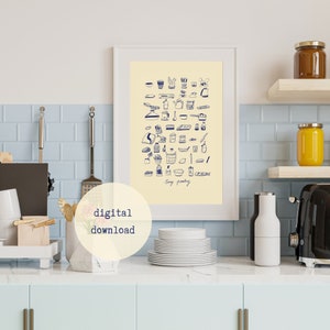 Op de afbeelding: Een witte ingelijste print met een gele achtergrond en een blauwe illustratie van keukengerei. De illustratie heeft de titel "tiny pantry". De print hangt aan een witte betegelde muur boven een lichtblauw aanrecht.