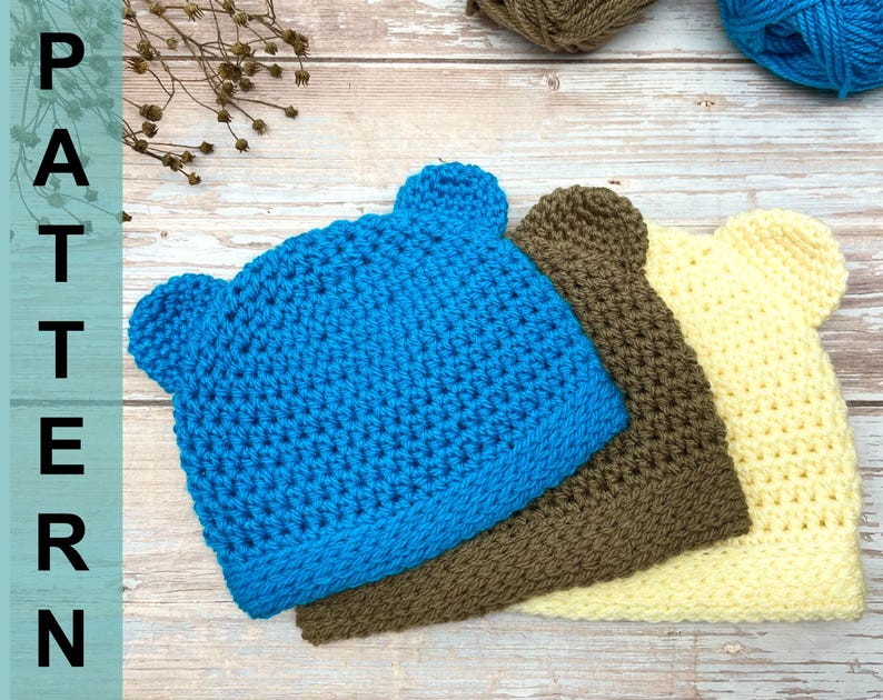 Bear-Ear Baby Beanie crochet pattern listing photo by DreameeCrochet