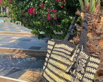 Crochet Tote Bag, Handmade Tote Bag, Beach Bag, Shopping Bag, Oversize Tote, Gift for her, HandKnitted Summer Basket bag, Large Black tote