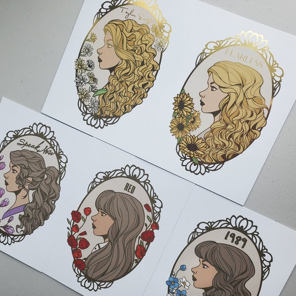 ts eras cameo portrait gold foil prints, 5in x 7in, eras collection, midnights, evermore, folklore, lover, reputation, 1989, red, speak now