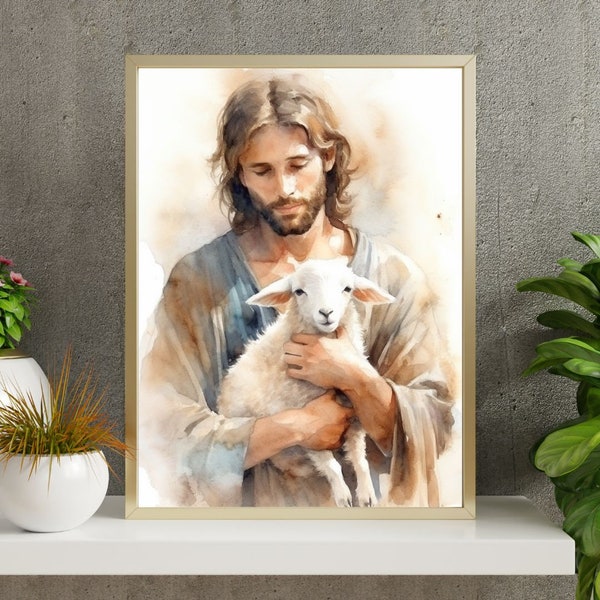 Jesus With Lamb-Watercolor Christian Digital Art