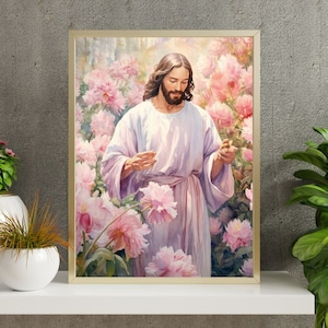 Elevate Your Spiritual Sanctuary with Digital Art: &quot;Jesus Walking in Pink Peony Flowers&quot;