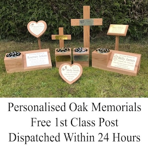 Personalised memorial solid oak cross, heart, vase with plaque