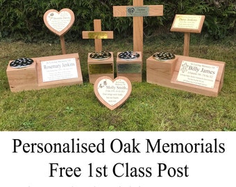 Personalised memorial solid oak cross, heart, vase with plaque