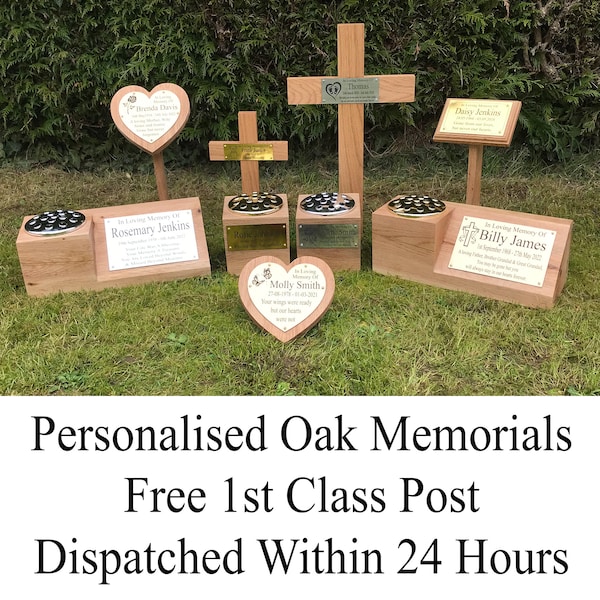 Personalised memorial solid oak cross, heart, vase with plaque