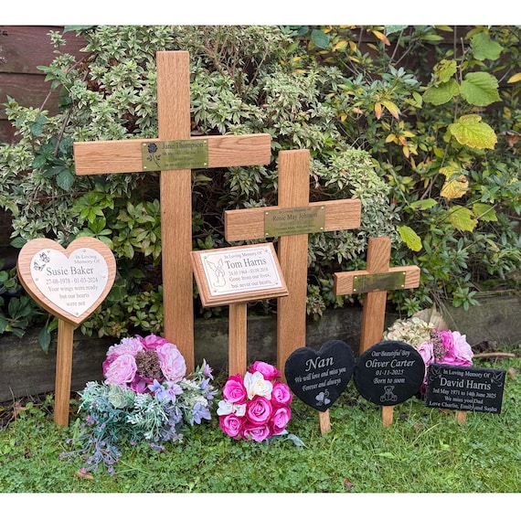 Personalised memorial grave markers solid oak or slate various styles crosses hearts rectangles