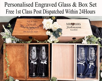 Personalised Champagne flutes Set and Wooden Box, Wedding gift, Champagne flutes, Wedding Set, Champagne glasses, Anniversary Engraved Gifts