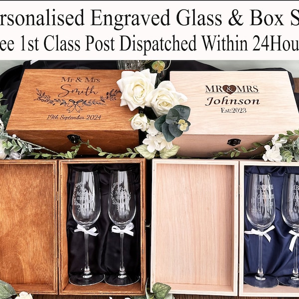 Personalised Champagne flutes Set and Wooden Box, Wedding gift, Champagne flutes, Wedding Set, Champagne glasses, Anniversary Engraved Gifts